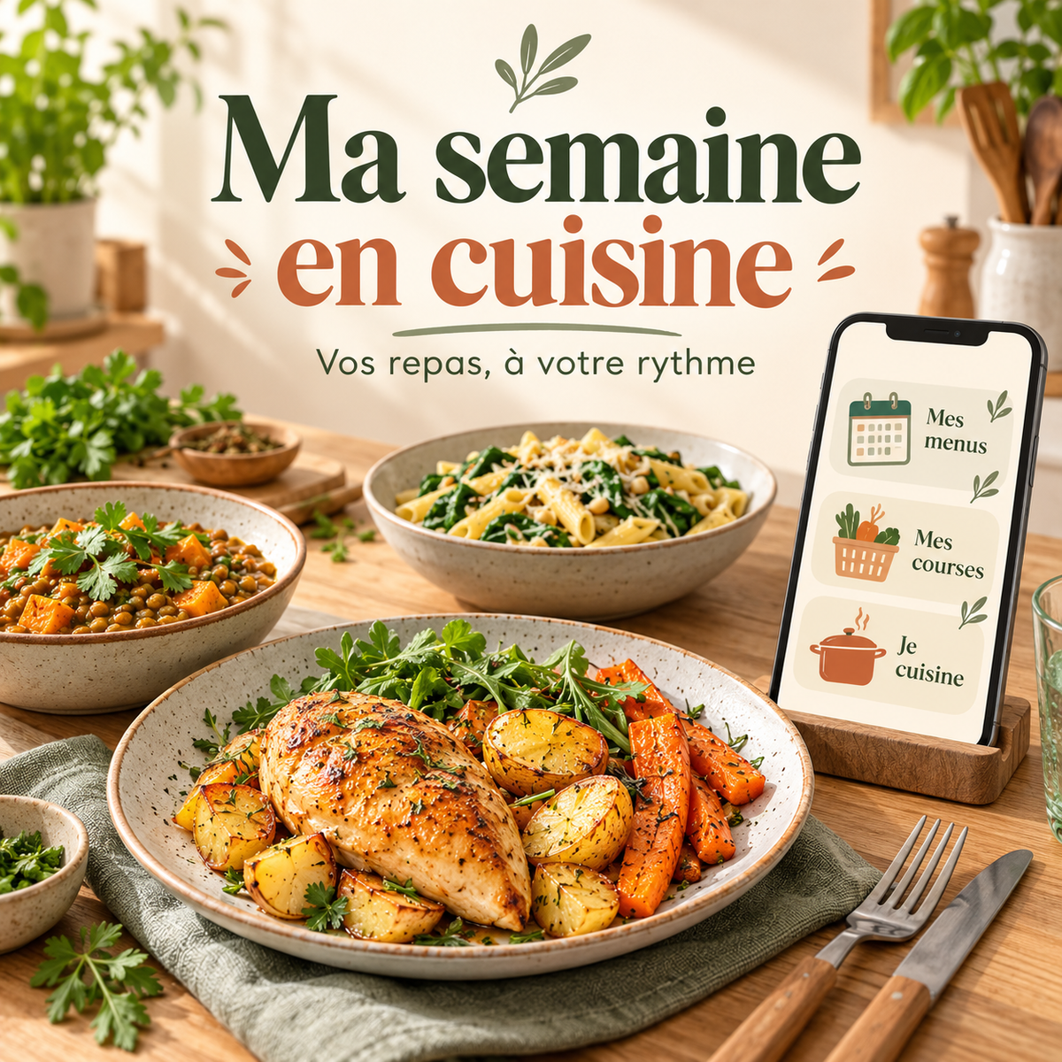 Ma semaine en cuisine — illustration des repas, des menus et de la liste de courses sur téléphone.